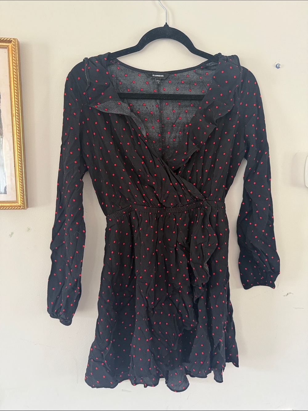 Express Black Long-Sleeve Wrap Dress with Red Polka Dots